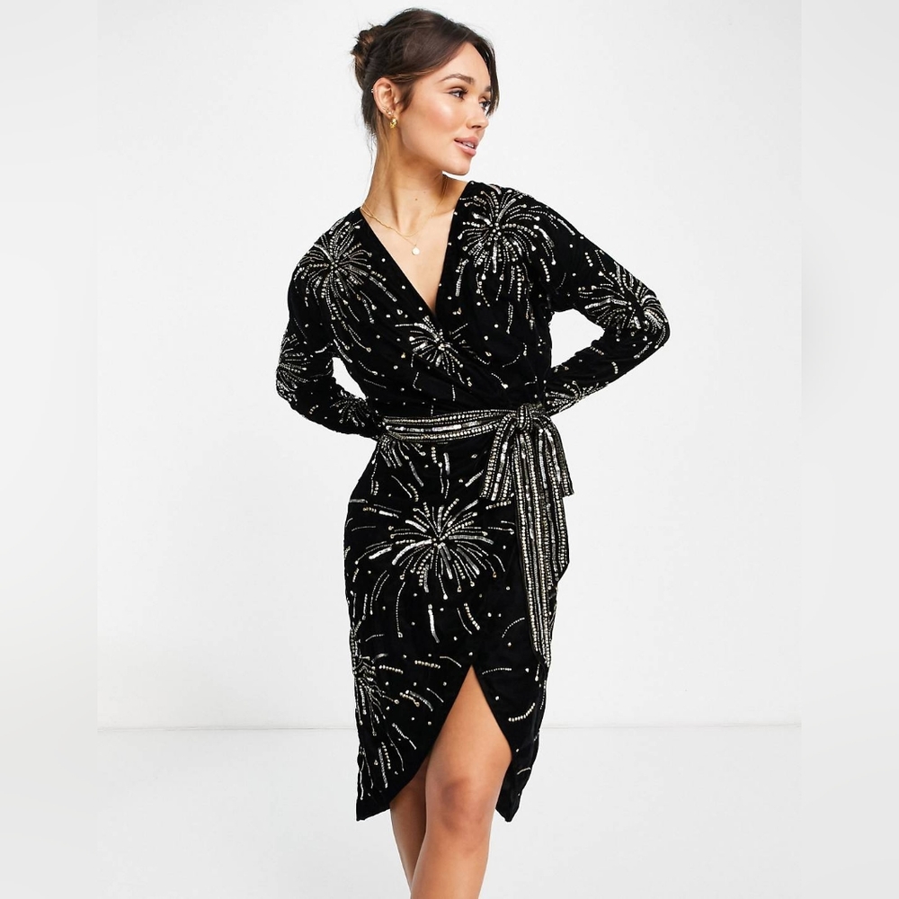 Asos Black Velvet Nye Celestial Firework Embellishments dress Size 8